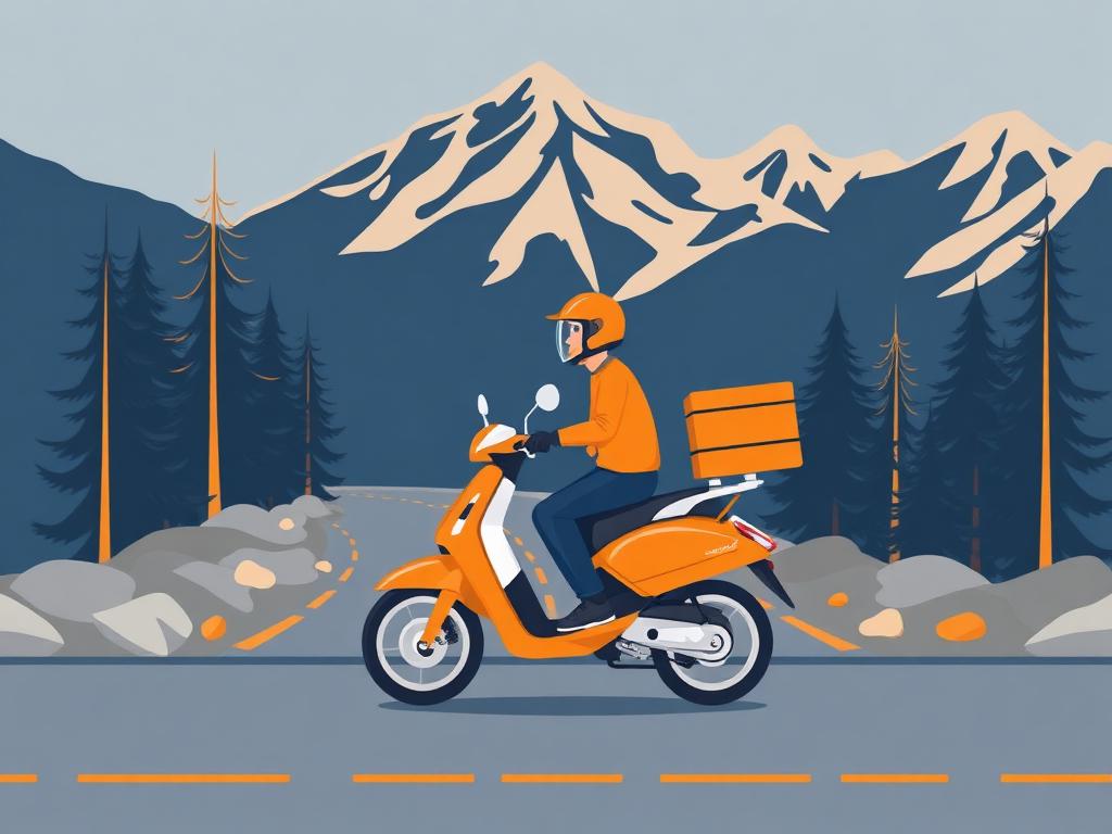 Illustration of an AAYO delivery partner riding through the mountains